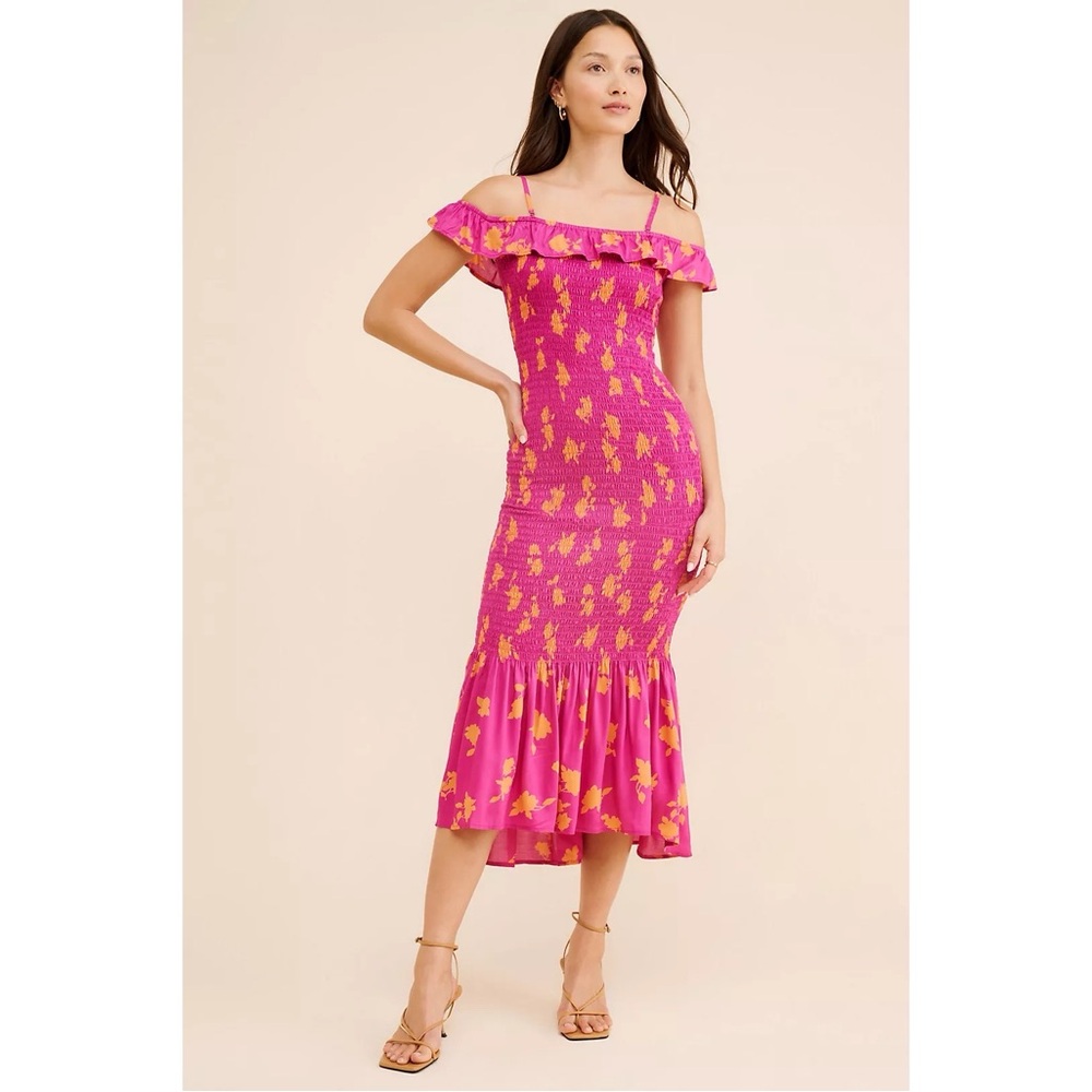 Anthropologie Smocked Off-The-Shoulder Midi Dress in Pink &‎ Orange Floral